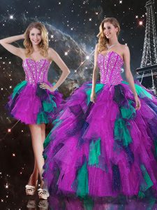 Multi-color Tulle Lace Up Sweetheart Sleeveless Floor Length Quince Ball Gowns Beading and Ruffles