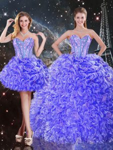 Fashion Sleeveless Floor Length Beading and Ruffles Lace Up Sweet 16 Quinceanera Dress with Purple