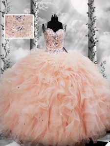Graceful Peach Sleeveless Beading and Ruffles Floor Length Quinceanera Gown