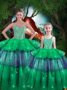Clearance Sweetheart Sleeveless Ball Gown Prom Dress Floor Length Beading and Ruffled Layers Green Organza