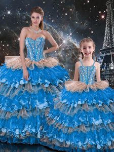 Multi-color Organza Lace Up Quince Ball Gowns Sleeveless Floor Length Beading and Ruffles
