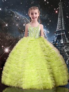 Fantastic Straps Sleeveless Lace Up Kids Formal Wear Yellow Green Tulle