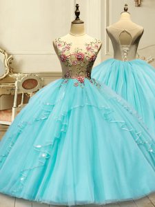 Admirable Aqua Blue Lace Up Scoop Appliques Sweet 16 Quinceanera Dress Tulle Sleeveless