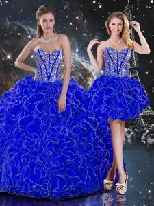 Royal Blue Lace Up Quinceanera Dress Beading and Ruffles Sleeveless Floor Length