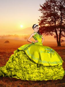 Custom Designed Sweetheart Sleeveless Sweet 16 Dress Brush Train Embroidery and Ruffles Yellow Green Organza