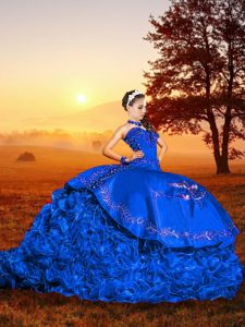 Artistic Sweetheart Sleeveless Ball Gown Prom Dress Brush Train Embroidery and Ruffles Blue Organza