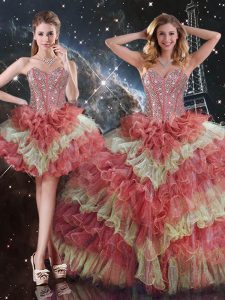 Floor Length Lace Up Quinceanera Gown Multi-color for Military Ball and Sweet 16 and Quinceanera with Beading and Ruffled Layers