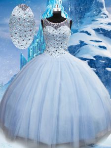 Sumptuous Floor Length Lace Up Sweet 16 Quinceanera Dress Light Blue for Military Ball and Sweet 16 and Quinceanera with Beading