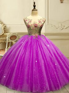 Fuchsia Ball Gowns Appliques and Sequins Quinceanera Gown Lace Up Tulle Sleeveless Floor Length