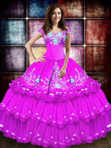 Off The Shoulder Sleeveless Taffeta Sweet 16 Dress Embroidery and Ruffled Layers Lace Up