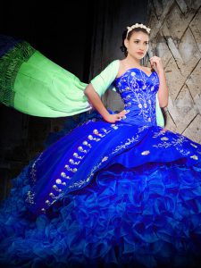 Elegant Sleeveless Embroidery and Ruffles Lace Up 15th Birthday Dress with Royal Blue Brush Train