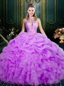 Chic Halter Top Sleeveless Vestidos de Quinceanera Floor Length Beading and Ruffles and Pick Ups Lilac Organza