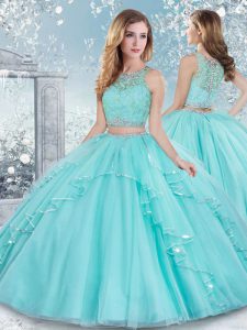Dazzling Sleeveless Tulle Floor Length Clasp Handle 15th Birthday Dress in Aqua Blue with Beading and Lace
