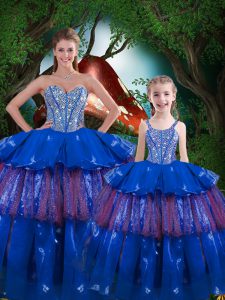 Fashionable Blue Ball Gowns Organza Sweetheart Sleeveless Beading and Ruffled Layers Floor Length Lace Up Sweet 16 Dress