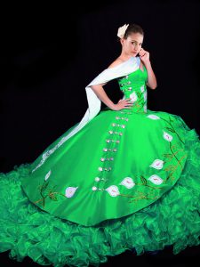 Gorgeous Green Quinceanera Gown Military Ball and Sweet 16 and Quinceanera with Embroidery and Ruffles Sweetheart Sleeveless Brush Train Lace Up
