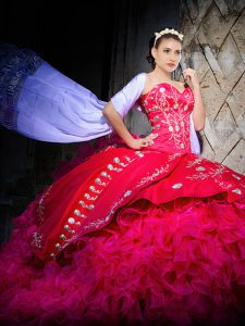 Sweetheart Sleeveless Quinceanera Gown Brush Train Embroidery and Ruffles Hot Pink Organza