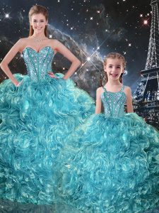 Sweetheart Sleeveless Sweet 16 Dress Floor Length Beading and Ruffles Aqua Blue Organza