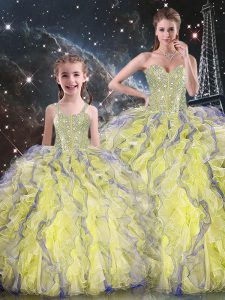Luxury Yellow Ball Gowns Sweetheart Sleeveless Organza Floor Length Lace Up Beading and Ruffles 15 Quinceanera Dress