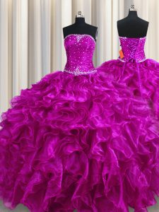 Excellent Fuchsia Ball Gowns Beading and Ruffles Quinceanera Dresses Lace Up Organza Sleeveless Floor Length