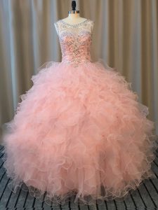 Scoop Sleeveless Sweet 16 Dress Floor Length Beading and Ruffles Pink Tulle