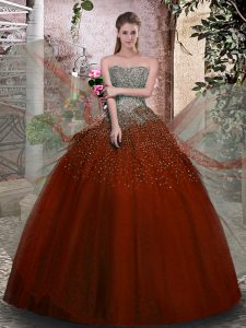 Glamorous Ball Gowns Quinceanera Dress Rust Red Strapless Tulle Sleeveless Floor Length Lace Up