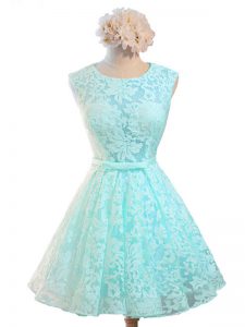 Aqua Blue A-line Belt Bridesmaids Dress Lace Up Lace Sleeveless Knee Length