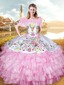 Sleeveless Organza Floor Length Lace Up Quinceanera Gown in Rose Pink with Embroidery and Ruffled Layers