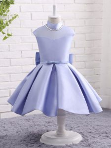 Colorful Cap Sleeves Knee Length Beading and Bowknot and Belt Zipper Flower Girl Dress with Lavender