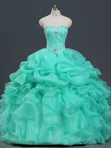Perfect Sleeveless Floor Length Beading and Ruffles and Pick Ups Lace Up Quinceanera Gowns with Apple Green