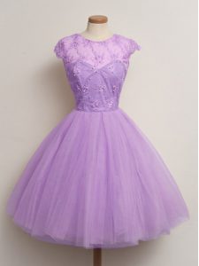 Fashion Lilac Bridesmaid Gown Prom and Party and Wedding Party with Lace Scoop Cap Sleeves Lace Up
