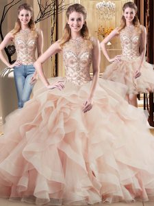 Graceful Brush Train Three Pieces 15th Birthday Dress Peach Scoop Tulle Sleeveless Lace Up