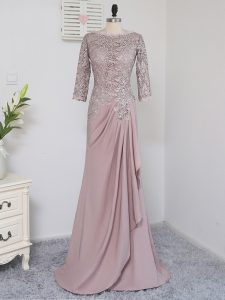 Smart Pink Ball Gowns Scoop Half Sleeves Elastic Woven Satin Brush Train Zipper Beading and Lace and Appliques Mother of the Bride Dress