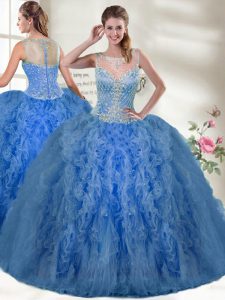 Scoop Sleeveless Zipper Vestidos de Quinceanera Blue Organza