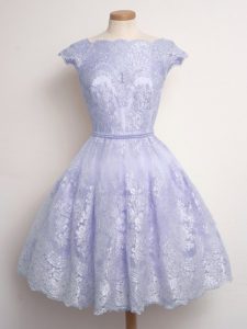 Artistic Lavender Scalloped Lace Up Lace Bridesmaid Gown Cap Sleeves