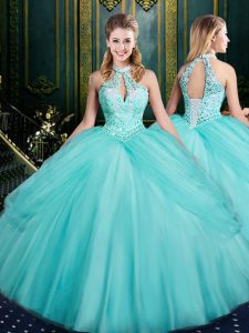 Sleeveless Tulle Floor Length Lace Up Sweet 16 Dress in Aqua Blue with Beading and Pick Ups