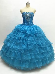 Teal Ball Gowns Organza Sweetheart Sleeveless Beading and Ruffles Floor Length Lace Up Vestidos de Quinceanera