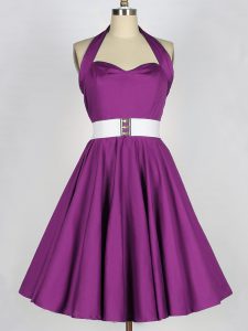 New Style Purple Halter Top Neckline Belt Bridesmaid Gown Sleeveless Lace Up