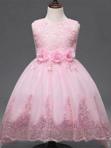 Sweet High Low Baby Pink Kids Formal Wear Tulle Sleeveless Lace and Appliques and Bowknot and Hand Made Flower