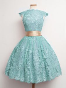 Aqua Blue Wedding Guest Dresses Prom and Party and Wedding Party with Belt High-neck Cap Sleeves Lace Up