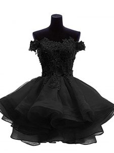 Fashionable Sleeveless Organza Mini Length Zipper Prom Dresses in Black with Beading and Lace and Appliques and Ruffles