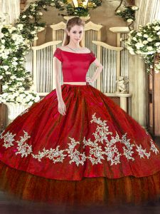 Captivating Embroidery Sweet 16 Dress Wine Red Zipper Short Sleeves Floor Length