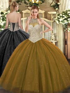 Brown Tulle Lace Up Vestidos de Quinceanera Sleeveless Floor Length Beading