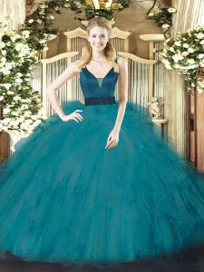 Elegant Floor Length Ball Gowns Sleeveless Teal Quinceanera Gown Zipper