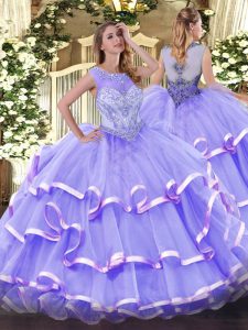 Shining Lavender Ball Gowns Organza Scoop Sleeveless Beading and Ruffled Layers Floor Length Zipper Quince Ball Gowns