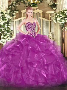 Excellent Fuchsia Ball Gowns Beading and Ruffles Quinceanera Dresses Lace Up Organza Sleeveless Floor Length