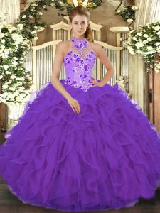 Purple Organza Lace Up Quinceanera Dress Sleeveless Floor Length Beading and Embroidery and Ruffles