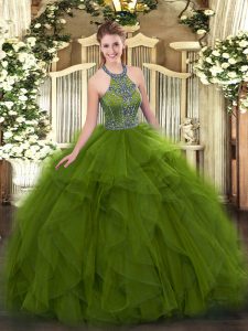 Floor Length Olive Green Sweet 16 Quinceanera Dress Halter Top Sleeveless Lace Up