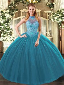 Glittering Teal Lace Up Sweet 16 Quinceanera Dress Beading and Embroidery Sleeveless Floor Length