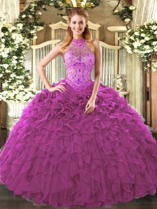 Fuchsia Ball Gowns Embroidery and Ruffles Ball Gown Prom Dress Lace Up Organza Sleeveless Floor Length