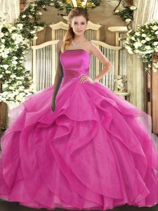 Hot Pink Sleeveless Floor Length Ruffles Lace Up Quinceanera Gowns